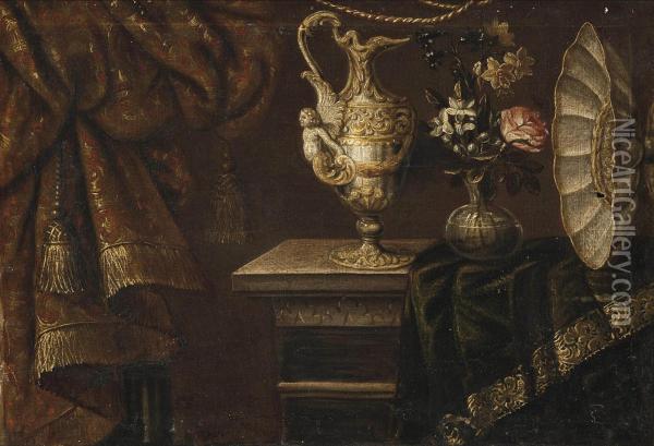 A Rose, Narcissi And Morning Glory In A Glass Vase, With A Sculptured Ewer And A Salver On A Partially Draped Table Oil Painting - Francesco (Il Maltese) Fieravino