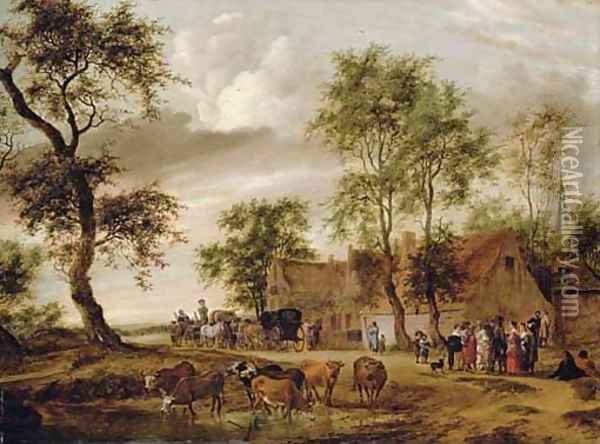 A village landscape with carriages outside an inn, peasants conversing on a path and cattle watering Oil Painting - Salomon van Ruysdael