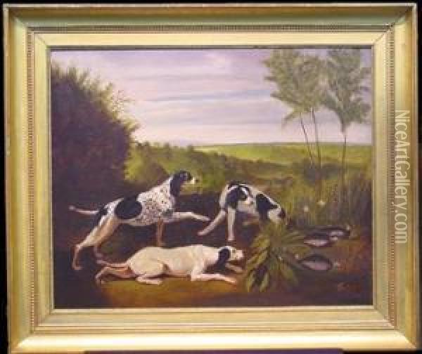 Three Pointers Hunting Pheasants Oil Painting - Sarden