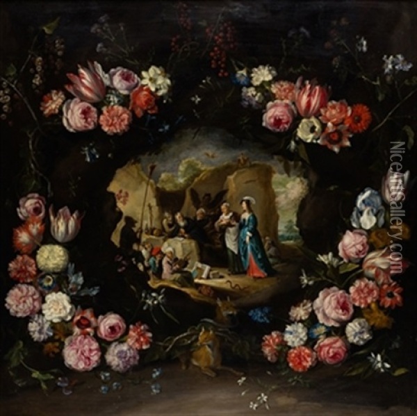 Las Tentaciones De San Antonio En Orla De Flores Oil Painting - Abraham Brueghel