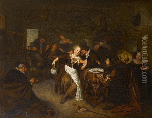 Figures Drinking And Merry Making In A Tavern Interior Oil Painting - Richard Brakenburgh