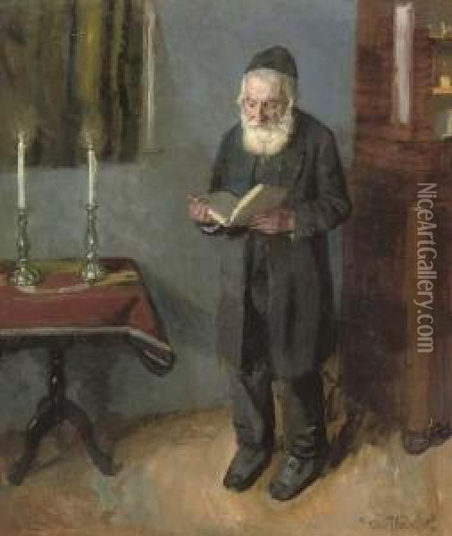 A Rabbi Reading Oil Painting - Otto John Herschel