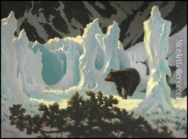 Grizzly Bear In Ice Forms In The Rockies Oil Painting - Arthur Henry Howard Heming