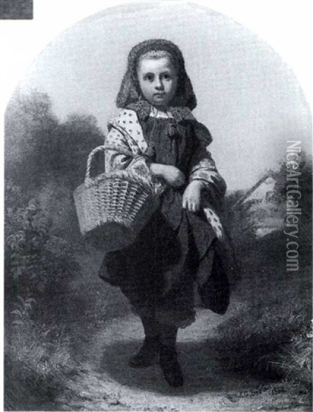 Young Girl With A Straw Basket Oil Painting - John George Brown