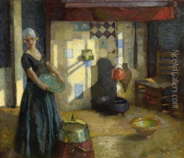 Lady In Kitchen Interior Oil Painting - Otto John Herschel