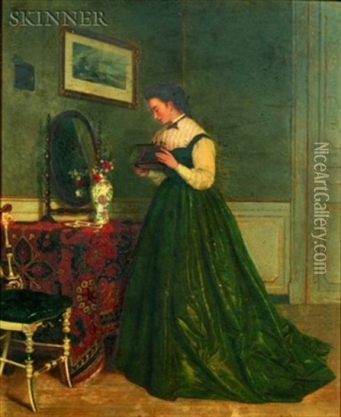 Young Lady With Stereoscope Oil Painting - John D. Stevens
