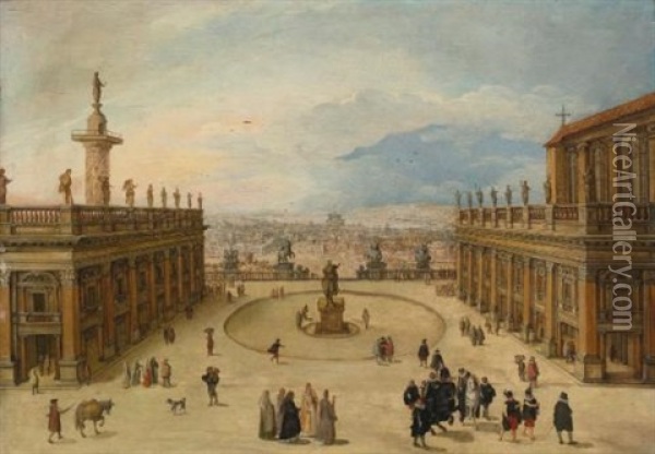 A View Of The Campidoglio, Rome Oil Painting - Louis de Caullery
