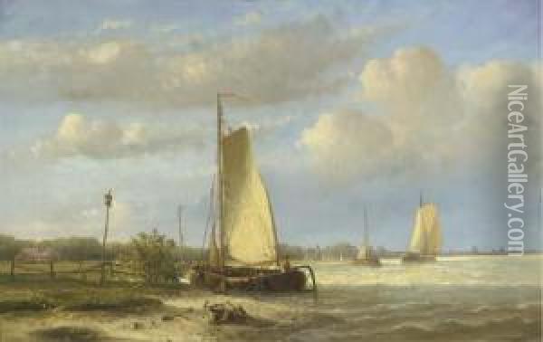 Sailing Barges On A River; Vessels On A Calm River Oil Painting - Hendrik Hulk