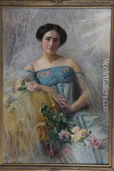 Portrait D'elegante Au Bouquet De Roses Oil Painting - Ferdinand D'Huart