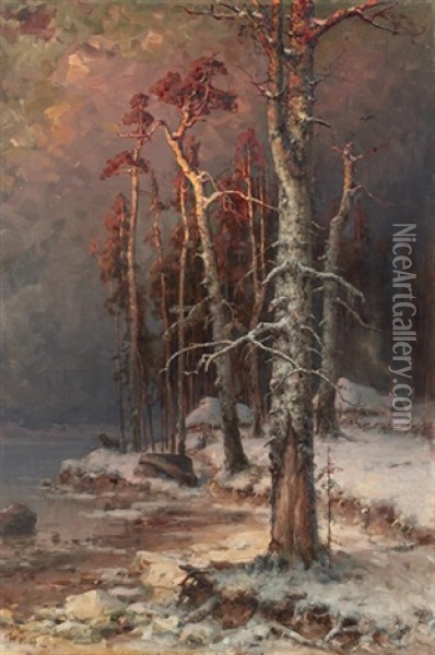 A Forest Settlement On Lake Peipus In Winter Oil Painting - Yuliy Yulevich Klever the Younger
