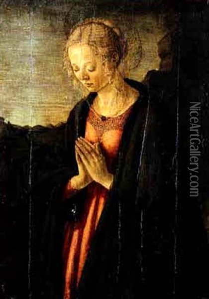 The Virgin In Prayer, A Distant Landscape Beyond Oil Painting - Francesco Botticini