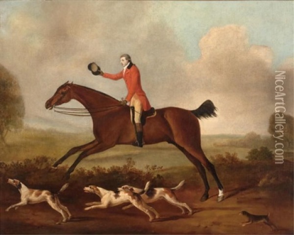 Equestrian Hunter And Four Hounds In Landscape Oil Painting - John Nost Sartorius
