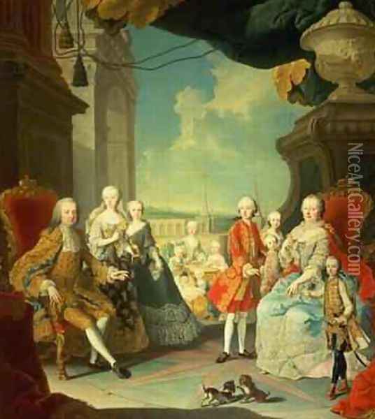 Maria Theresa and her Husband at the staircase leading from the Great Hall of Schloss Schonbrunn into the large courtyard Oil Painting - Martin II Mytens or Meytens