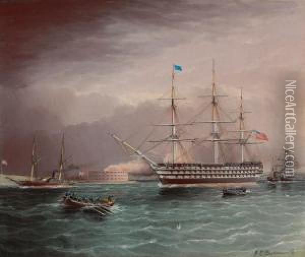 The U.s.s. Pennsylvania Under 
Tow At The Outbreak Of The Americancivil War With Fort Monroe In The 
Background Oil Painting - James E. Buttersworth