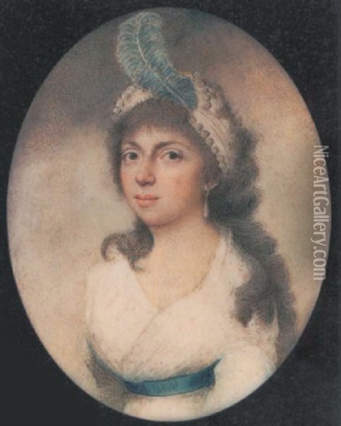 A Young Lady (sophia?), Aged 18, Wearing White Dress With Blue Ribbon Waistband, White Turban With Pearls And A Blue Plume In Her Curling Hair And Drop Pearl Earring Oil Painting - George Francis Joseph