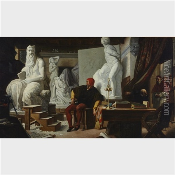Michaelangelo In His Studio, Visited By Pope Julius Ii Oil Painting - Alexandre Cabanel