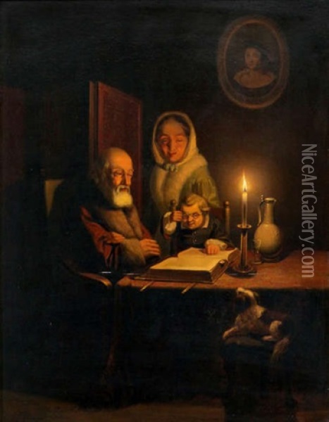 Interior With Grandparents And Grandchild At Candlelight Oil Painting - Pieter Geerard Sjamaar