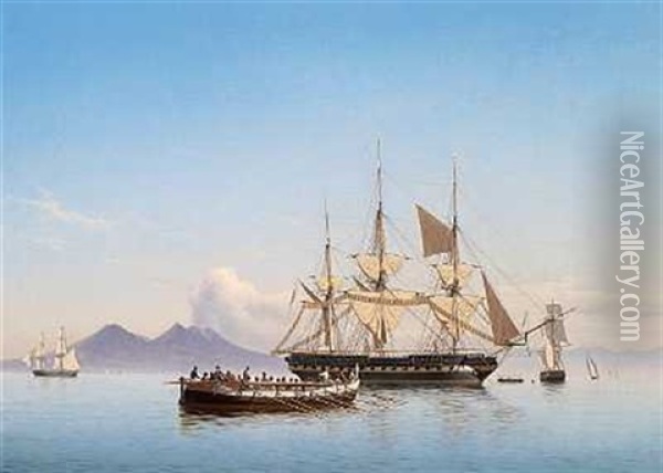 Fregat Torrer Sejl Og Kojer I Napolibugten Oil Painting - Julius Prommel