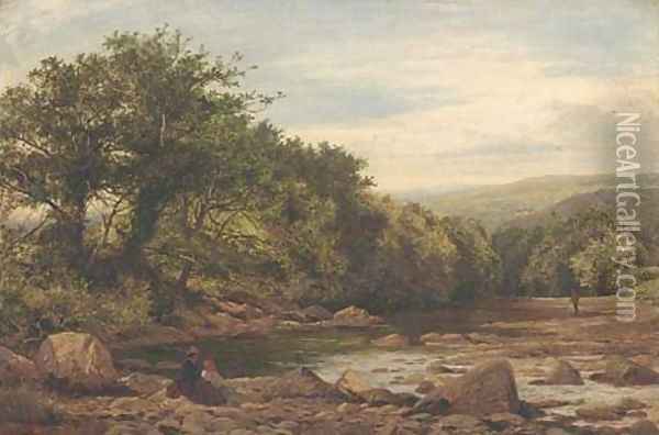 Figures by a river, thought to be Llugwy, North Wales Oil Painting - Benjamin Williams Leader