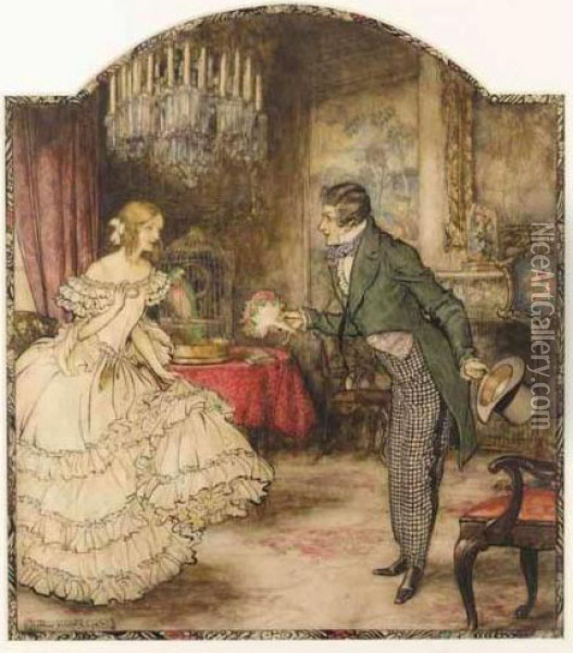 A Young Man Presenting A Bouquet To A Girl Standing In A Drawing Room Oil Painting - Arthur Rackham