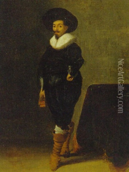 Portrait Of A Gentleman, Standing By A Draped Table Oil Painting - Hendrick Gerritsz. Pot