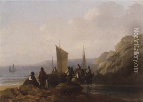 Fishermen Congregating On The Shore Oil Painting - Augustus Wall (Sir.) Callcott