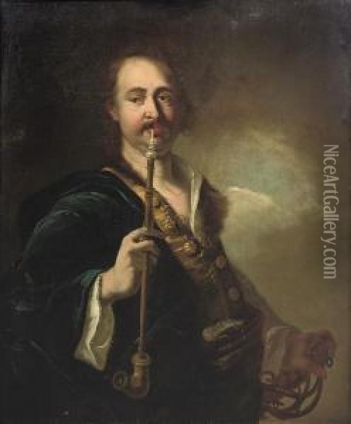 A Portrait Of A Man, Standing 
Half-length, Possibly The Artist Himself, Wearing A Fur-trimmed Blue 
Coat And Holding A Sabel And Pipe Oil Painting - Johann Kupetzki