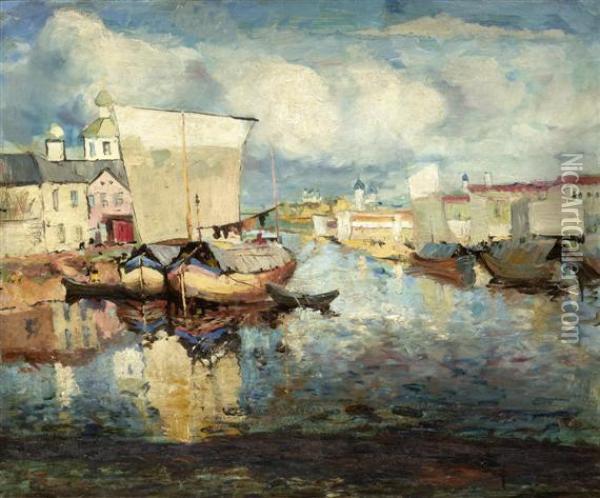 View Of A Port Near Pskov Oil Painting - Grigoriy Ivanovid Gurkin