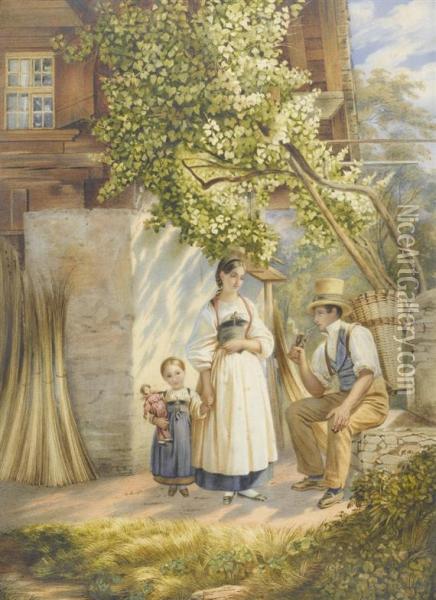 Family Idyll Before A Peasant House Oil Painting - Johannes Notz