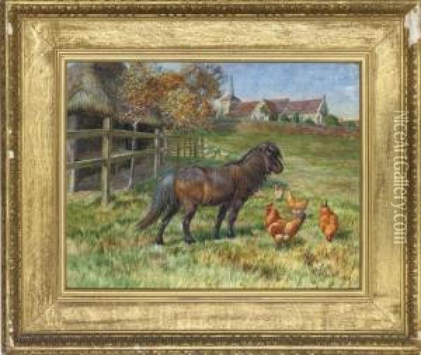 A Pony And Chickens In A Paddock With A Church Beyond Oil Painting - Edmund Caldwell