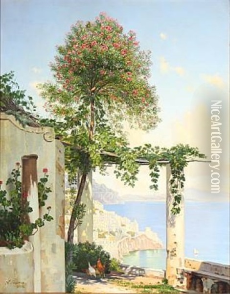 View From A Loggia On The Amalfi Coast Oil Painting - Niels Fristrupp