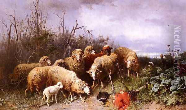 Schafe Eine Vogelscheuche Betrachtend (Sheep Regarding a Scarecrow) Oil Painting - Friedrich Otto Gebler