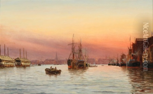 Evening Scene From Copenhagen Harbour Oil Painting - Holger Luebbers