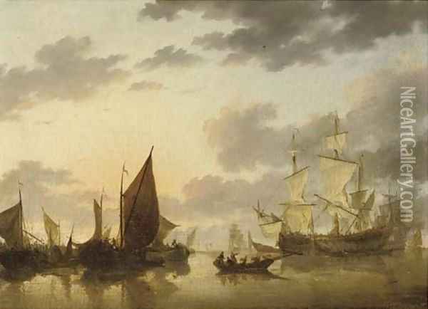 A Dutch three-master and other shipping in a calm Oil Painting - Willem van de Velde the Younger