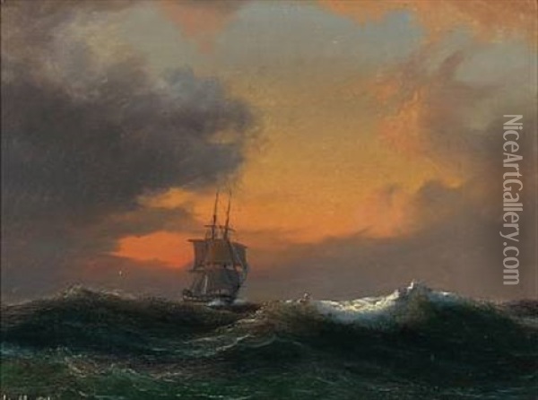 Seascape With A Sailing Ship In Rough Sea At Sunset Oil Painting - Daniel Hermann Anton Melbye