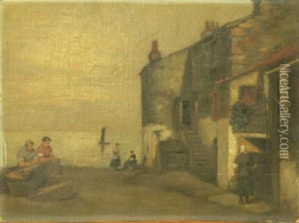 Fisherwomen On The Quayside Oil Painting - Agnes M. Cowieson