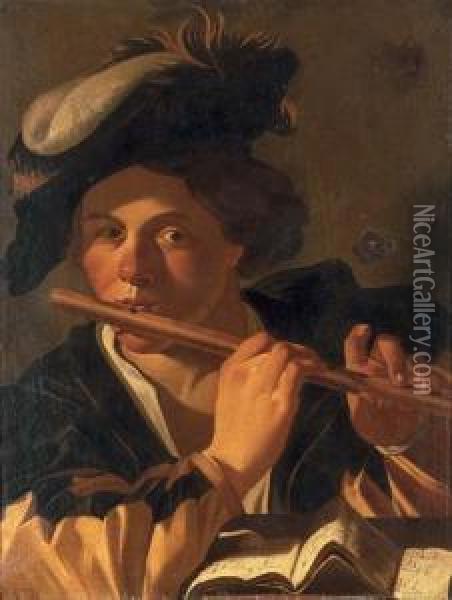 A Musician Playing The Flute Oil Painting - Dirck Van Baburen