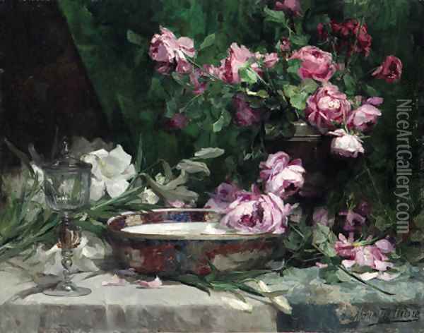 Still Life with Roses and Lillies Oil Painting - Marie De Bievre