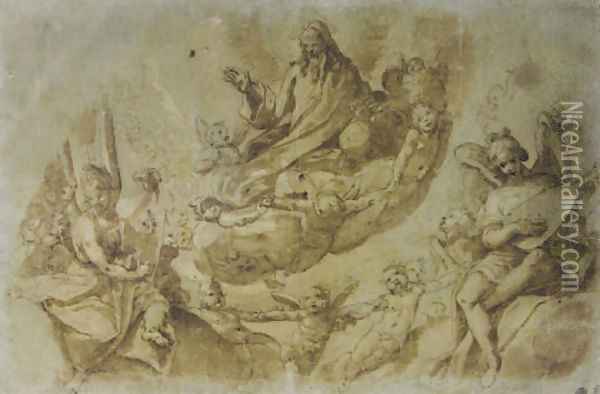 God the Father surrounded by angels and cherubim Oil Painting - da Reggio Raffaellino