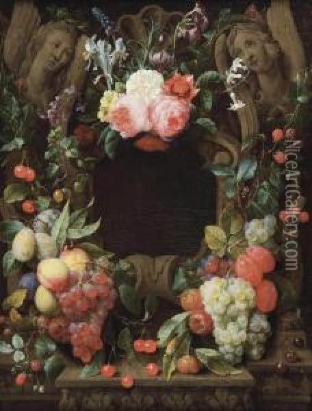 Pink Roses, Blackberries, Figs, Plums, Grapes, Cherries And Other Fruits And Flowers Surrounding A Stone Cartouche With Sculpted Angels Oil Painting - Joris Van Son