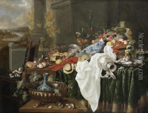 A Still Life Of A Pie On A Silver Dish, A Lobster, A Silver Cup And Ewer Oil Painting - Andries De Coninck
