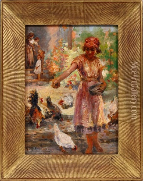 Girl Feeding Chickens Oil Painting - George Benjamin Luks