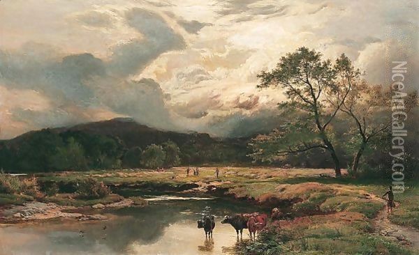 Figures And Cattle In A Mountain River Landscape Oil Painting - Sidney Richard Percy
