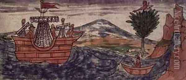 Fol 197v An Indian spy observes the arrival of a Spanish ship on the Mexican coast Oil Painting - Diego Duran