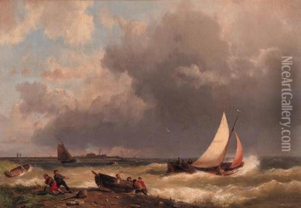 Fishermen Hauling In A Rowingboat On The Shore Of A Stormyestuary Oil Painting - Hermanus Koekkoek