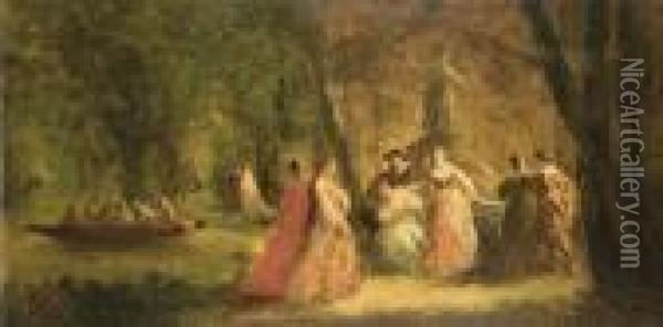 Femmes Au Parc Pres D'une Riviere Oil Painting - Adolphe Joseph Th. Monticelli