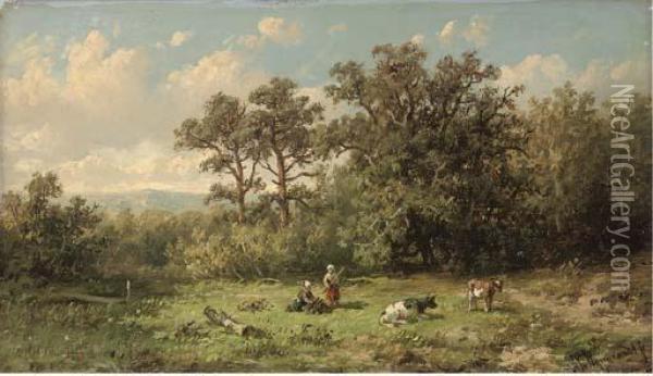 Cattle Herders Building A Fire Oil Painting - Anthonie Jacobus Van Wyngaerts