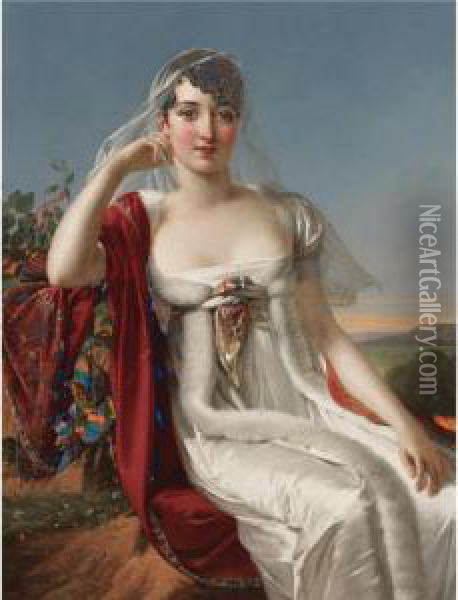 Portrait Of A Woman In A Landscape Oil Painting - Robert J. Fr. Faust Lefevre