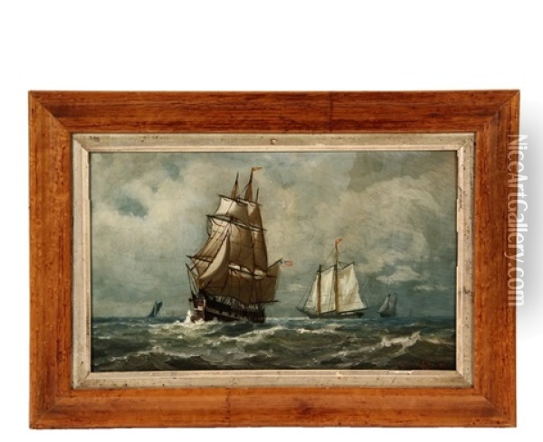 American Warship Under Sail, Schooners Aft Oil Painting - Thomas Clarkson Oliver