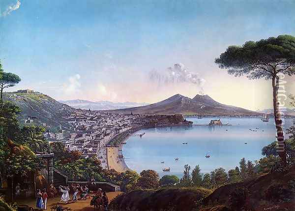 The Bay of Naples with an American Frigate Oil Painting - Nicolino Calyo